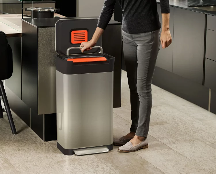 Trash compactor holds up to three times more waste than a similar-sized waste bin
