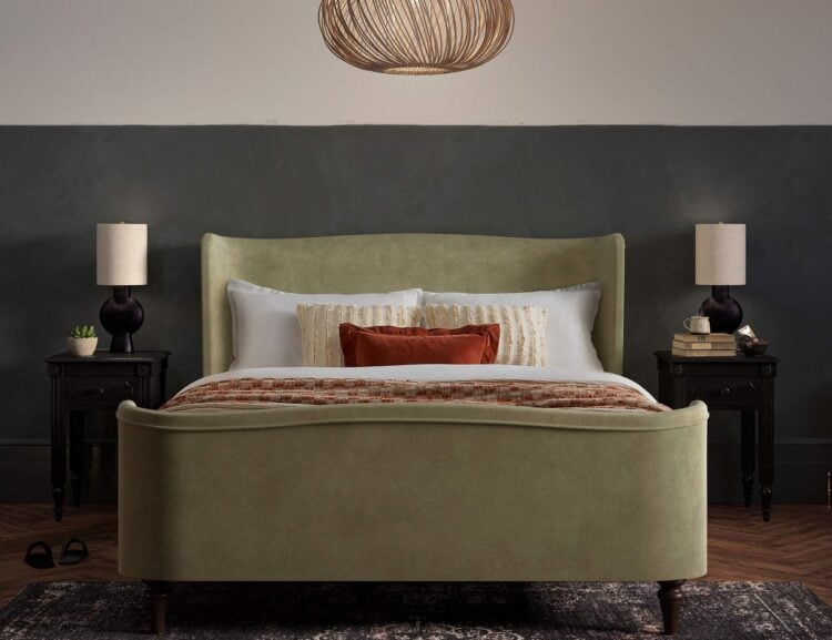 Charlotte upholstered bed styled in a calm bedroom setting