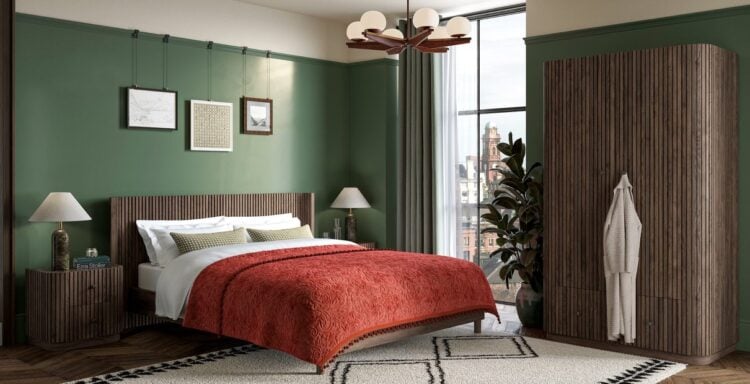 Jacob dark wood bed frame styled in a bedroom