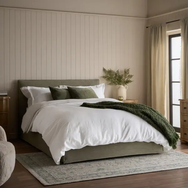 Orla green bed with a softly coloured upholstered finish