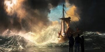 Visitors surrounded by a projected Rembrandt seascape in the World Around Us gallery