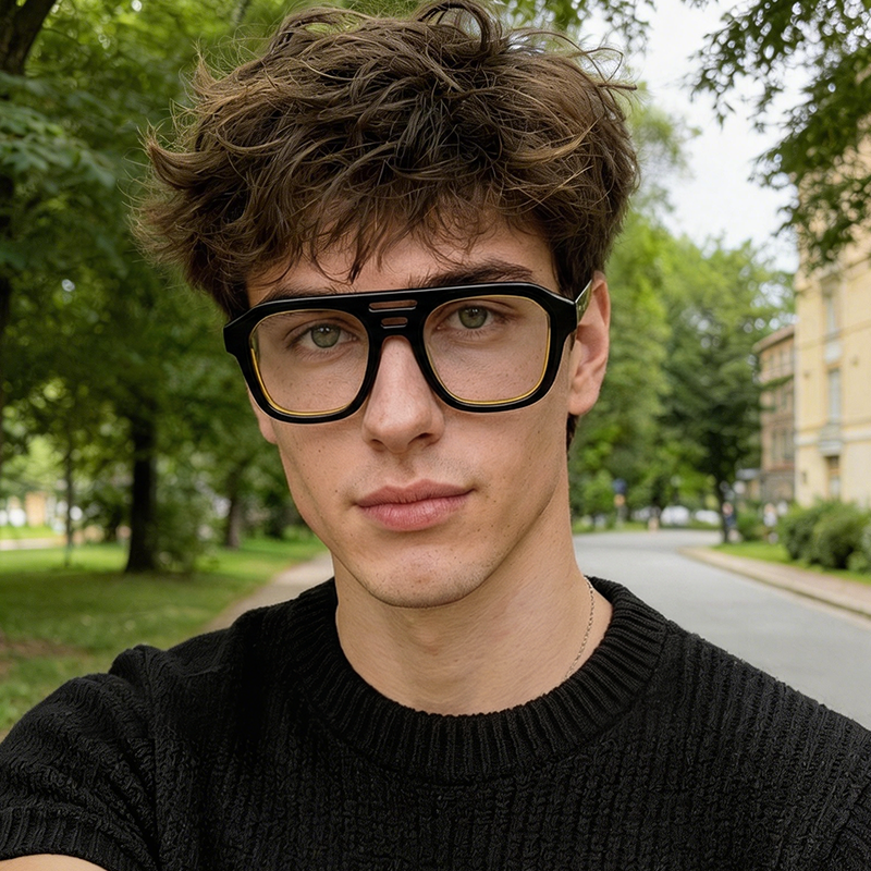 Fashion eyeglasses featured in an editorial look