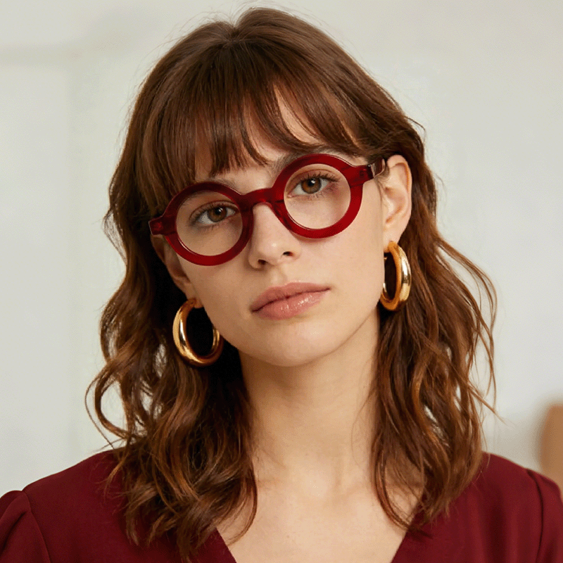 Eyeglasses worn in a bright seasonal style scene