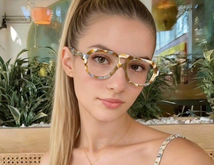 Eyeglasses styled in a summer street-style scene