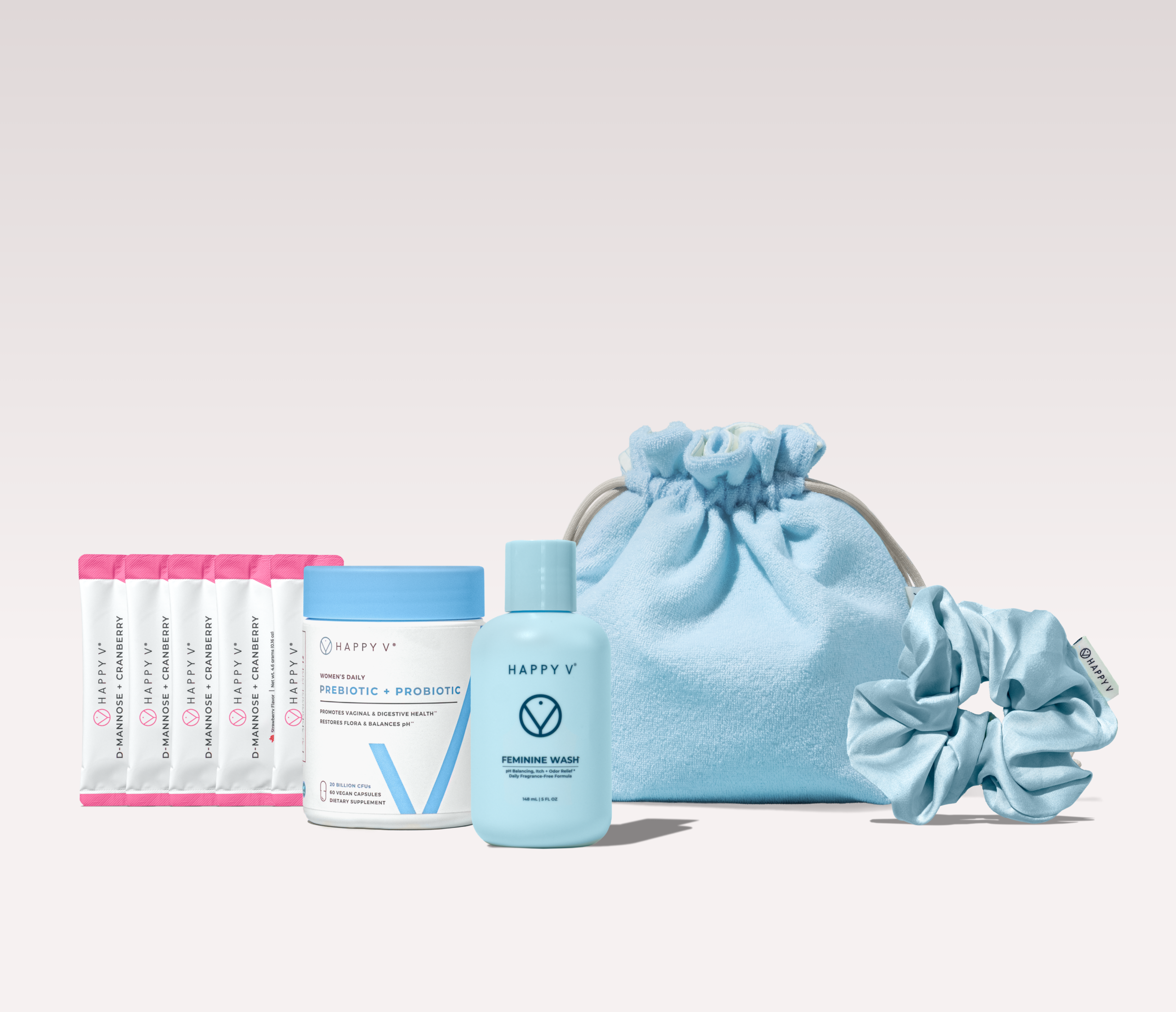 Happy V pH Balance Kit products on a gray background