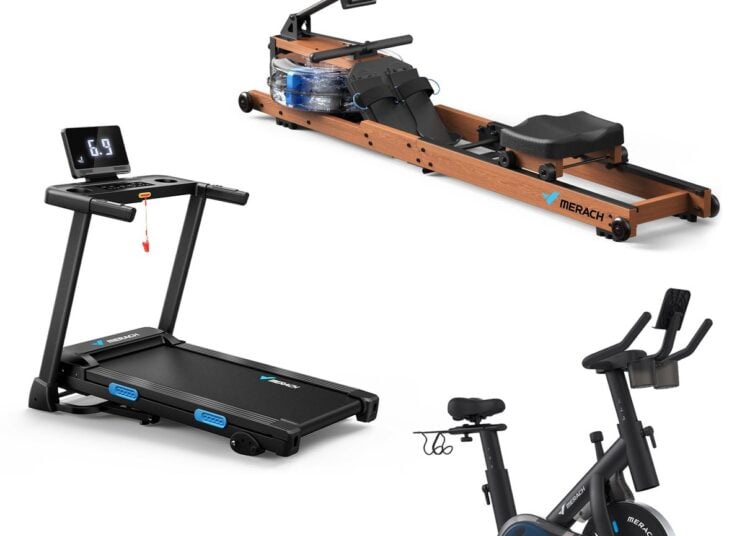Merach home gym package with an exercise bike, treadmill and rower