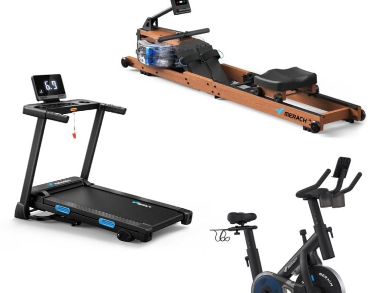 Merach home gym package with an exercise bike, treadmill and rower
