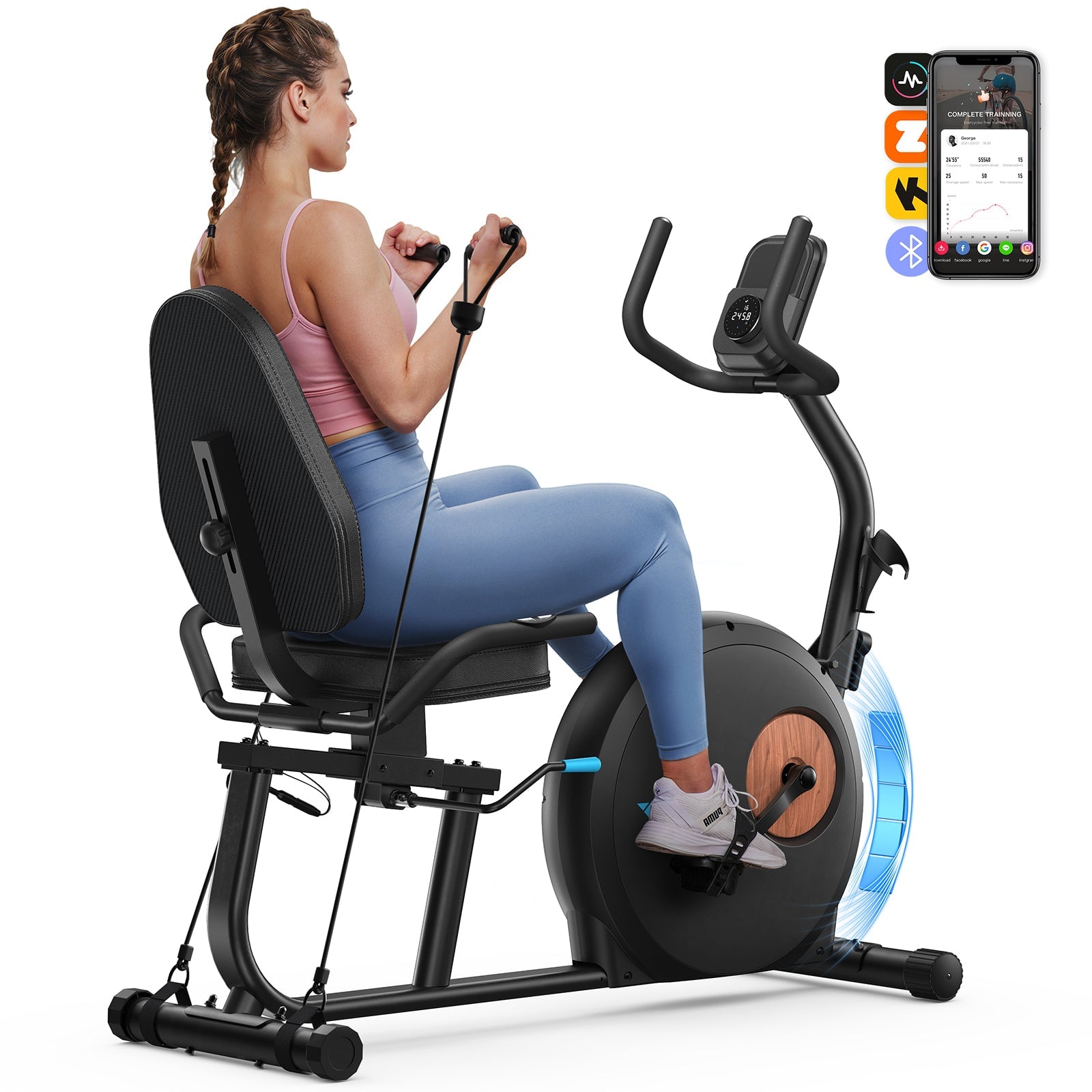 Merach self-powered recumbent exercise bike with resistance bands