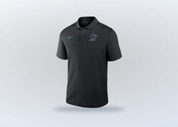 Single side view of black Nike Dri-FIT Victory Polo with Miami Marlins graphic