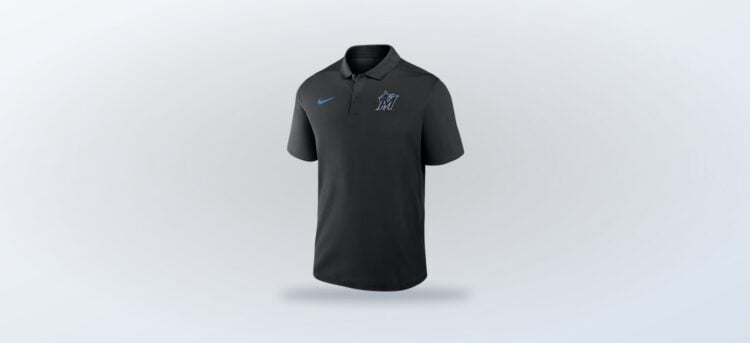 Single side view of black Nike Dri-FIT Victory Polo with Miami Marlins graphic