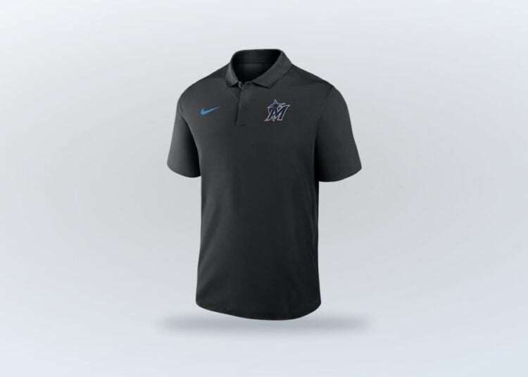 Single side view of black Nike Dri-FIT Victory Polo with Miami Marlins graphic