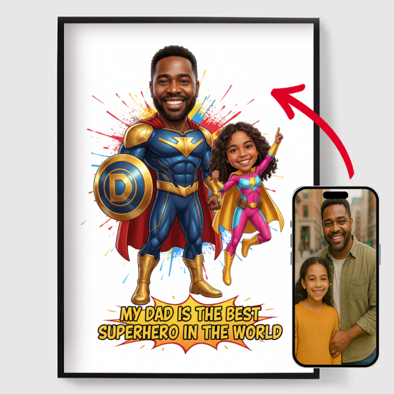 Personalised superhero caricature poster from Namly Design