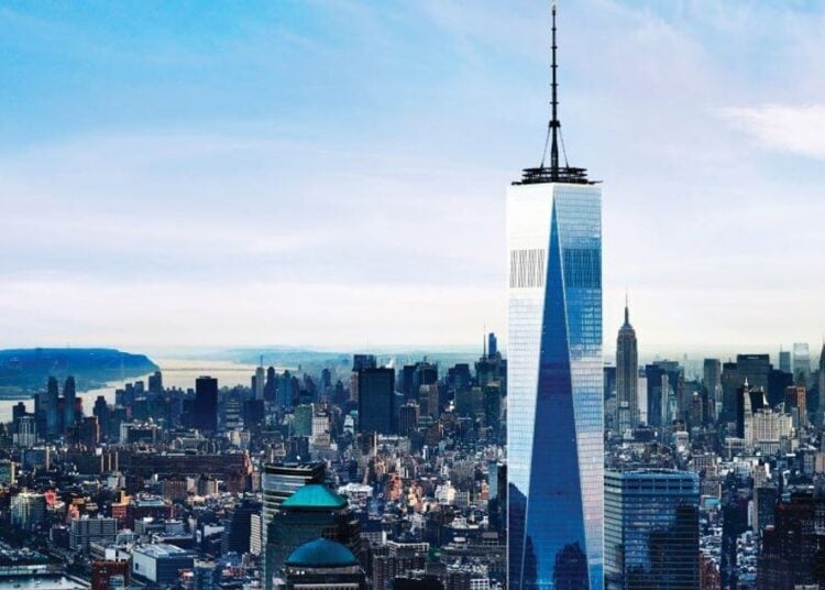 Aerial view of One World Trade Center and the Lower Manhattan skyline