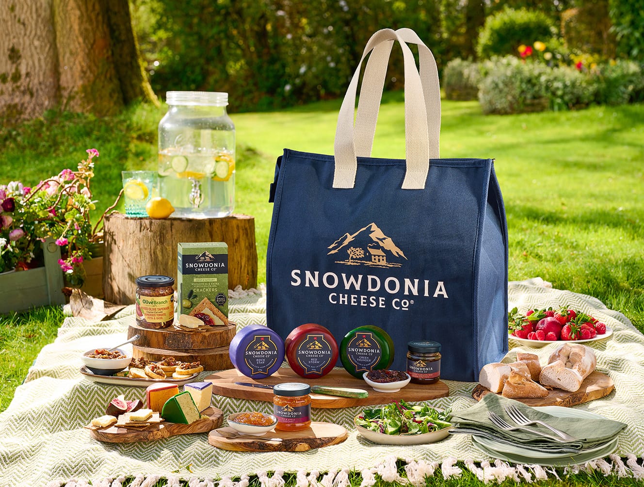 Snowdonia cheese and chutney picnic hamper arranged for serving