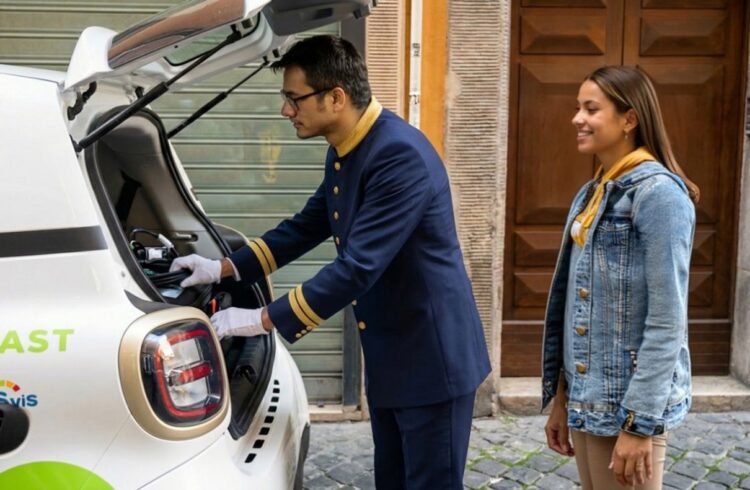 Employé chargeant les bagages d'une voyageuse dans un véhicule de transfert
