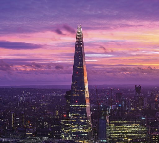 Purple sunset over London seen from The Shard