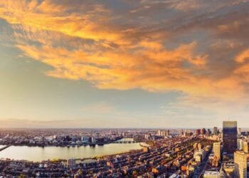 Panoramic Boston skyline viewed from the View Boston observation deck