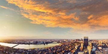 Panoramic Boston skyline viewed from the View Boston observation deck