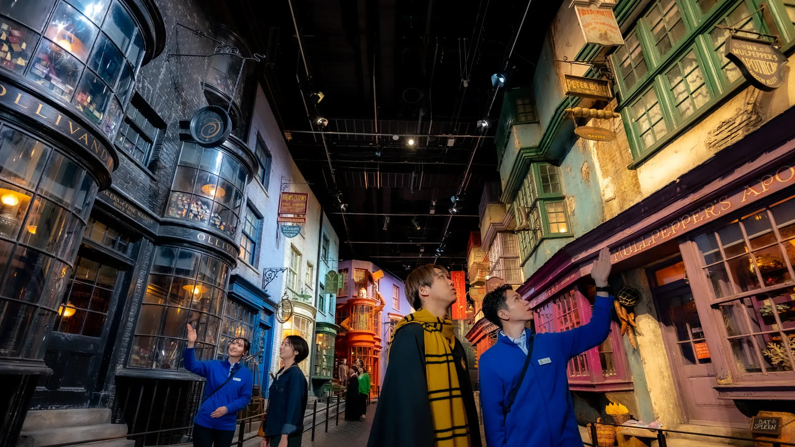 Visitors exploring the Diagon Alley set at Warner Bros. Studios Japan