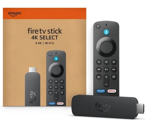 Amazon Fire TV Stick 4K Select with remote on a clean product background