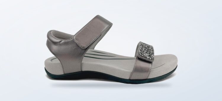 Aetrex Maria jeweled gunmetal sandal shown from the side