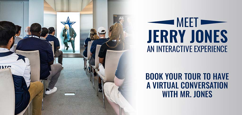Visitors seated for the Meet Jerry Jones interactive experience at AT&T Stadium