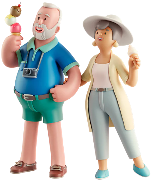 Two illustrated travellers holding ice creams on holiday