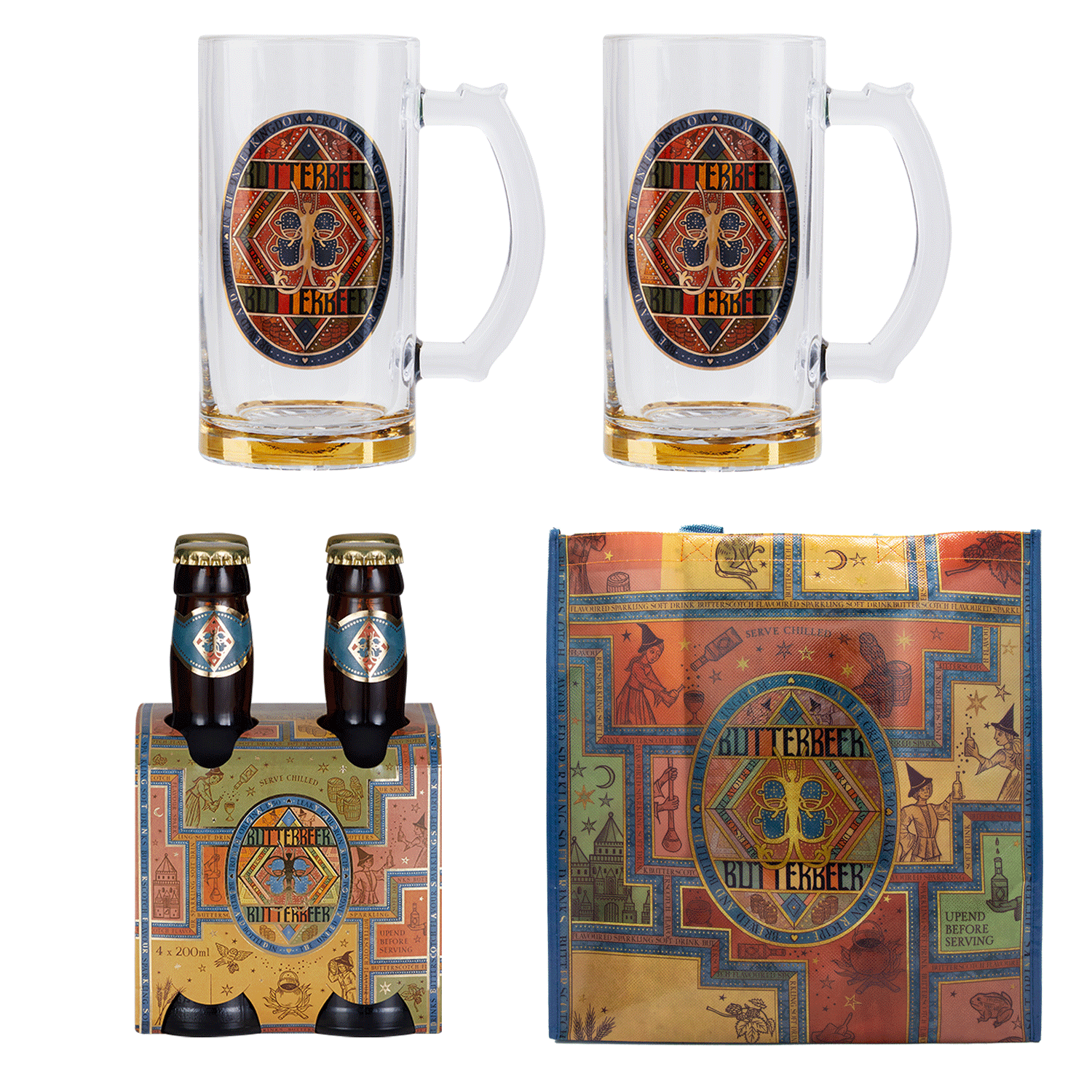 Butterbeer and glass gift set with bottles and two glasses