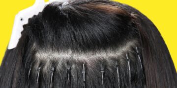 Nano ring hair extensions shown in use in styled hair