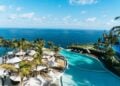 Tropical resort pool and palm trees