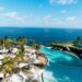 Tropical resort pool and palm trees
