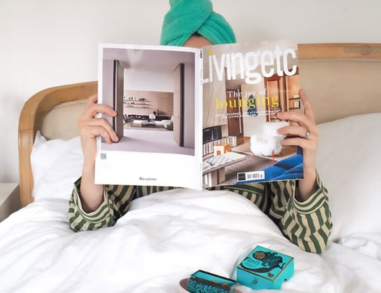Magazine, bed and truffles in a relaxing gift scene from Don’t buy her flowers