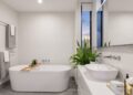 Contemporary bathroom with a bathtub and bright natural light