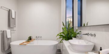 Contemporary bathroom with a bathtub and bright natural light