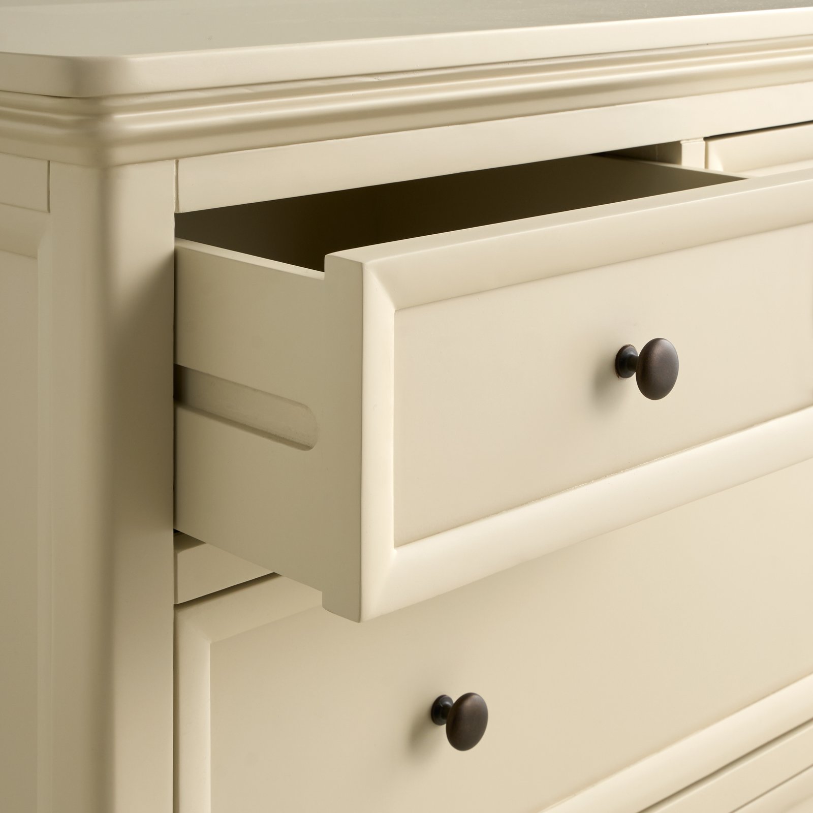 Bordeaux five drawer chest showing its painted acacia finish