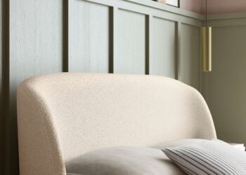Cambourne bed detail showing latte boucle upholstery
