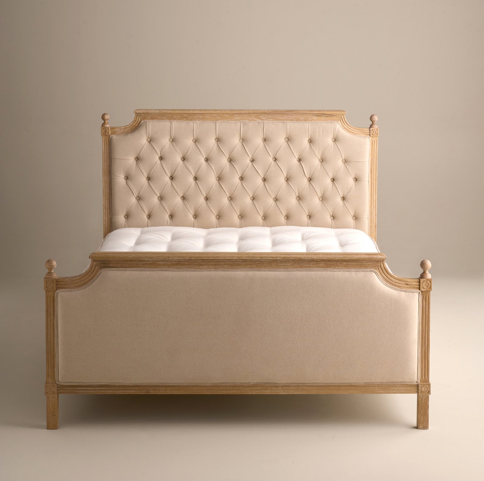 Lyon bed detail showing weathered oak and upholstered headboard