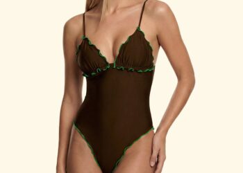 Monokini marrone F**K con finitura lucida