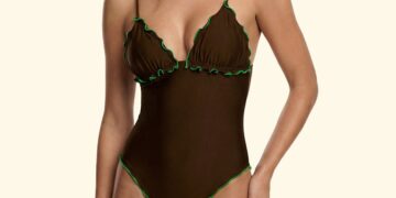 Monokini marrone F**K con finitura lucida