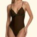 Monokini marrone F**K con finitura lucida