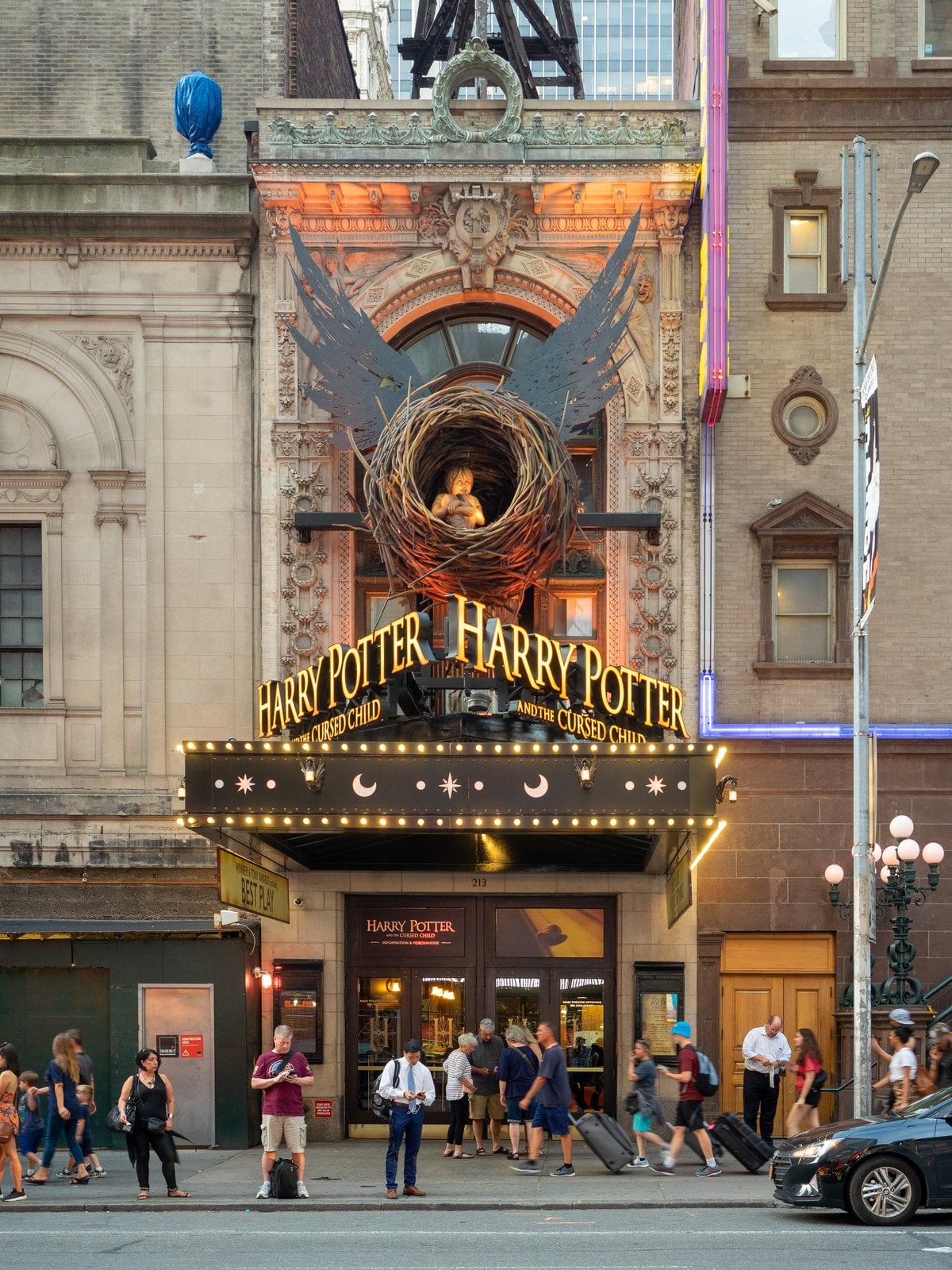 Lyric Theatre exterior and Harry Potter and the Cursed Child marquee in New York