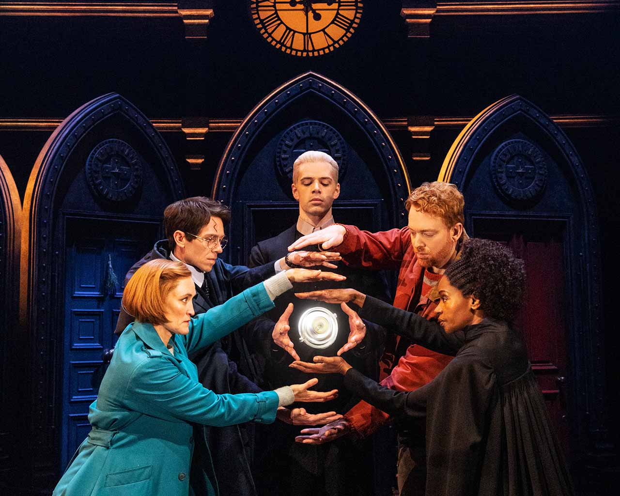 Actors gather around a glowing orb in the Time-Turner scene