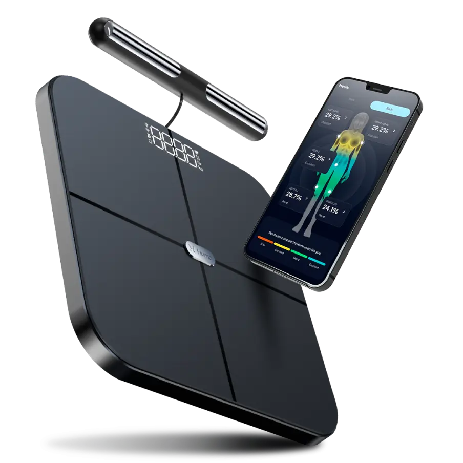 Hume Body Check mit Griff und Smartphone in einer Produktgrafik