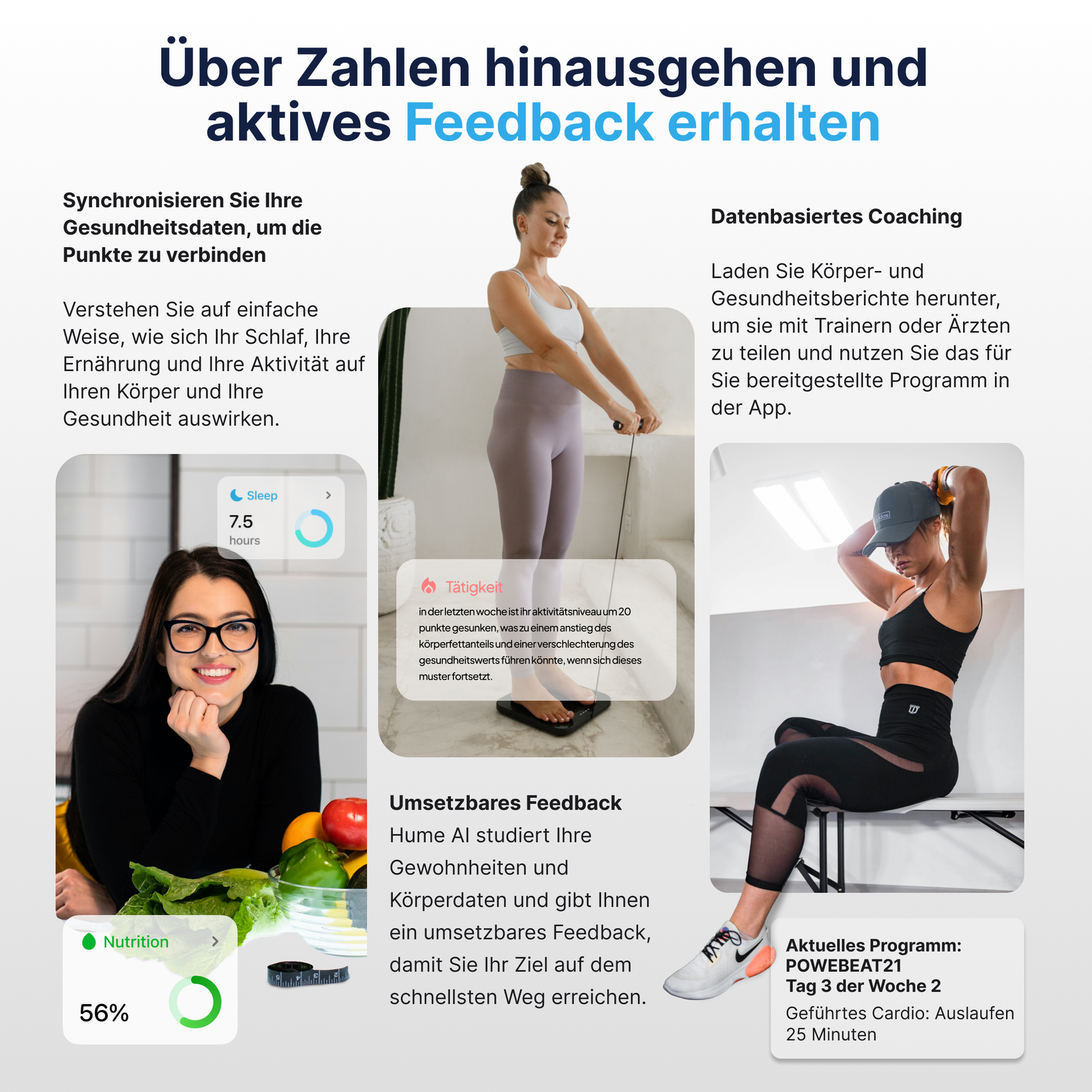 Gesundheits-Coaching-Collage mit Menschen, Bewegung und Körperanalyse