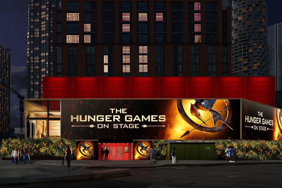 Exterior of the Hunger Games on Stage theatre with signage