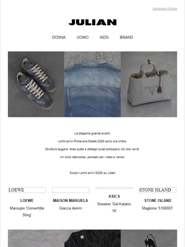 Julian Fashion SS26 Newsletter mit Sneakern, Jeansjacke und Prada Tasche