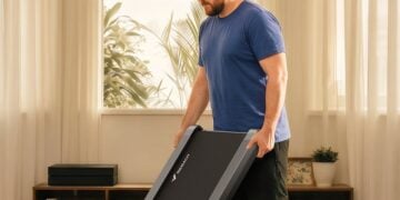 Person storing the Merach UltraWalk W60 Plus walking pad in a home