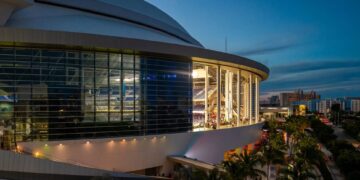 Miami Marlins stadium exterior at dusk