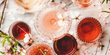 Weingläser und Blüten in einer stilvollen Wein-Inszenierung