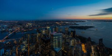 Aerial city skyline at dusk viewed from One World Observatory